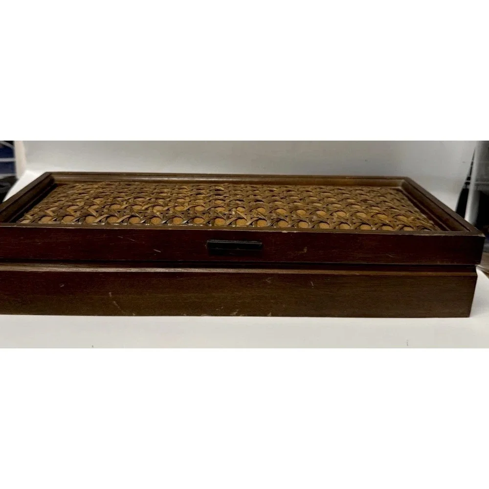 Vintage Wooden Jewelry Box With Wicker Lid